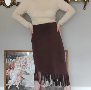 Denim & Co Faux Suede Brown Fringe Bottom Asymmetrical Skirt